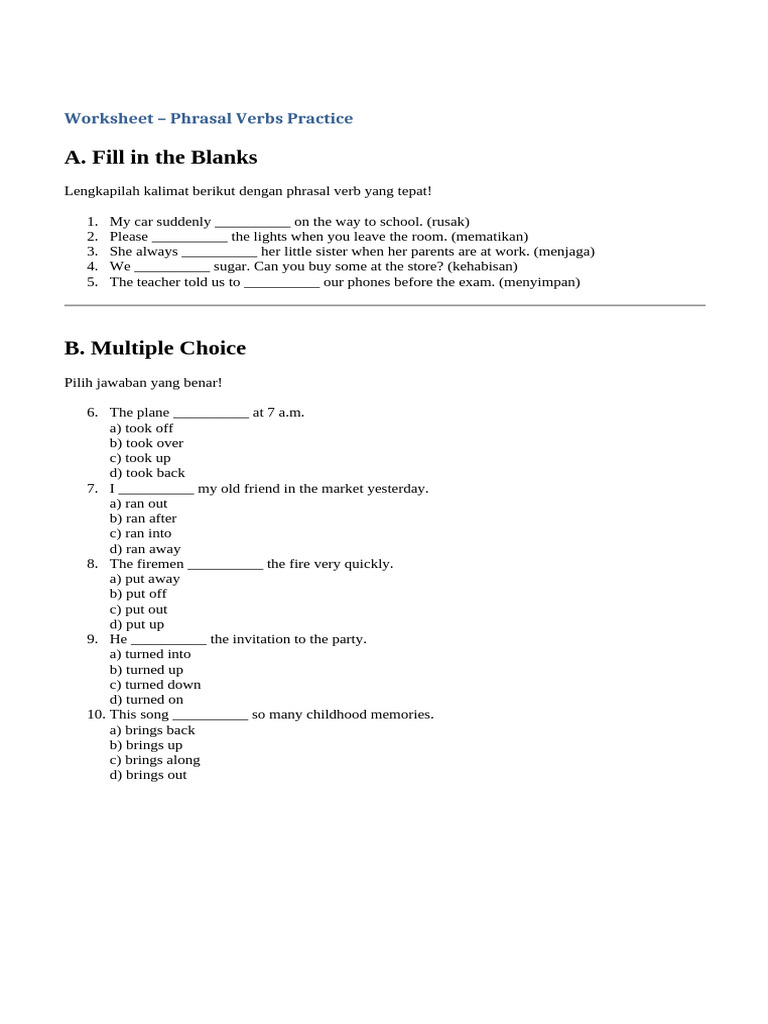 Phrasal Verbs Practice Worksheet | PDF
