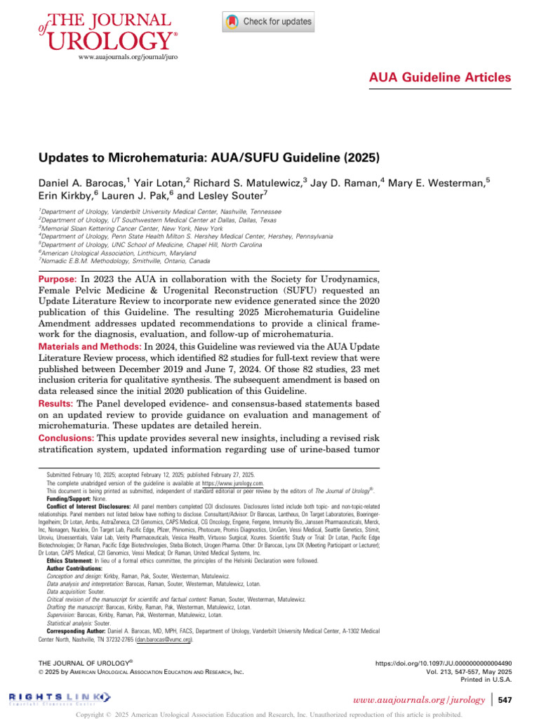AUA Microhematuria Guidelines Update 2025 | PDF | Diseases And ...