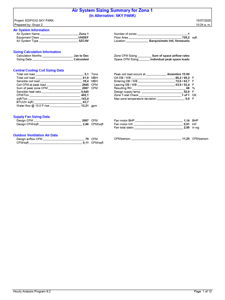 Air System Sizing for EDIFICIO SKY PARK | PDF | Ventilation ...