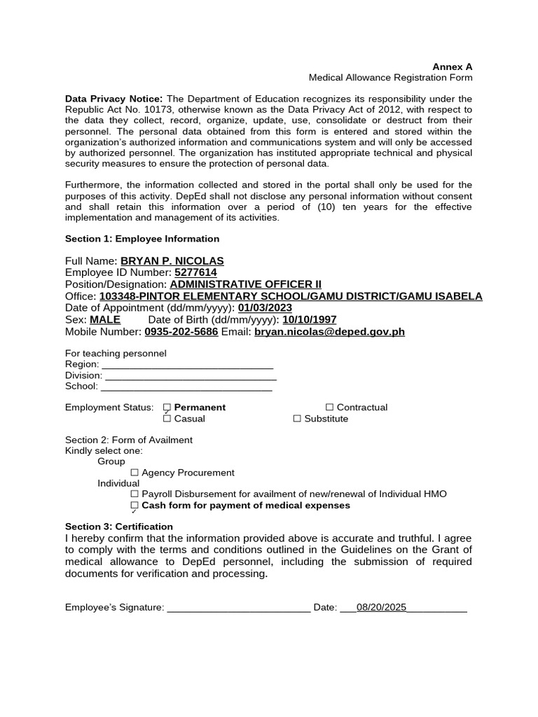 Medical Allowance Registration Form | PDF