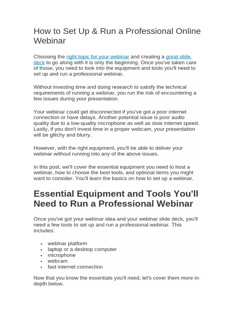 How To Set Up & Run A Professional Online Webinar | PDF | Microphone ...