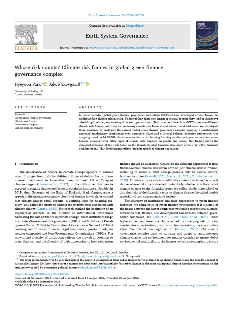 Climate Risk Frames in Green Finance | PDF | Governance | Risk