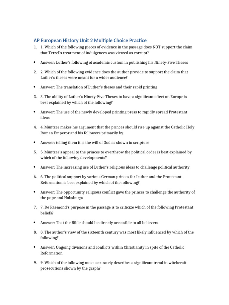 AP Euro Unit2 MC Practice | PDF | Martin Luther | Protestantism