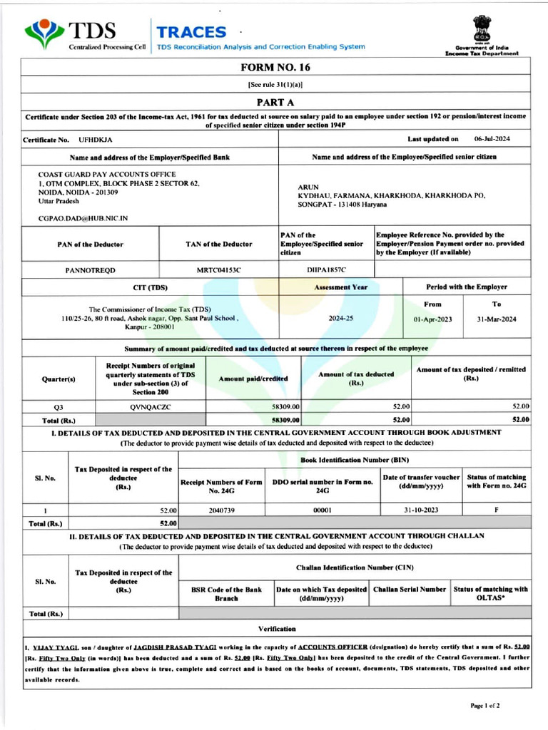 Form No. 16: TDS Certificate Details | PDF