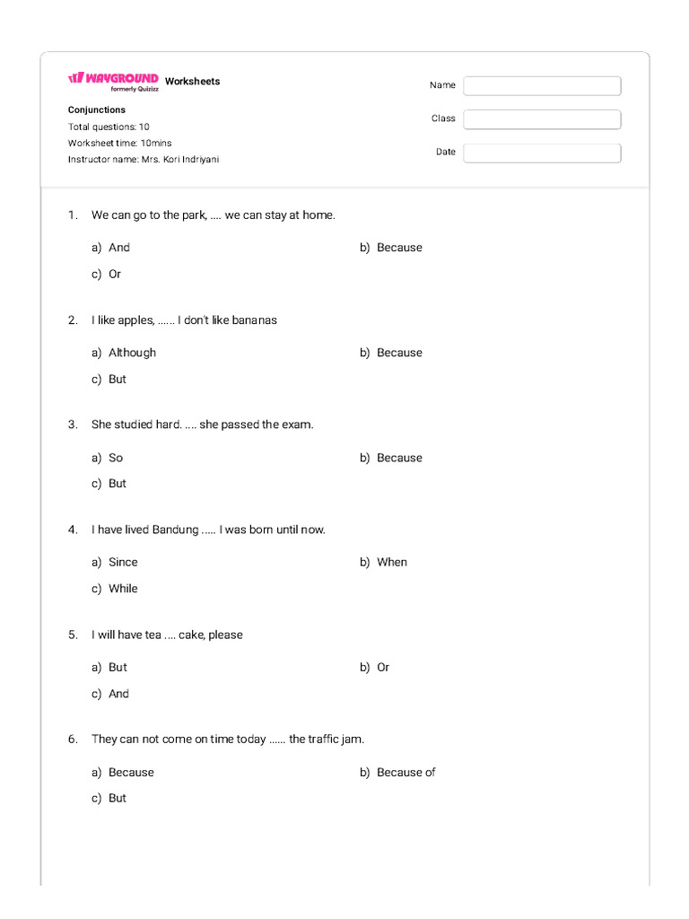Conjunctions Worksheet for Students | PDF