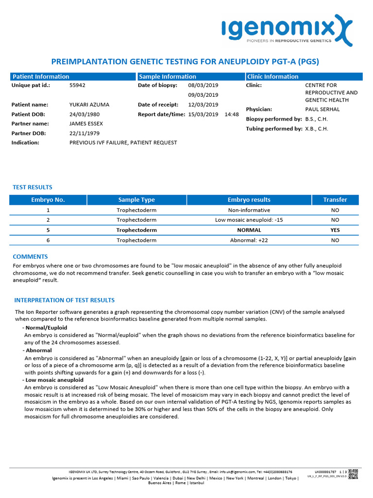 PGT-A Report for Yukari Azuma | PDF | Dna Sequencing | Health Sciences