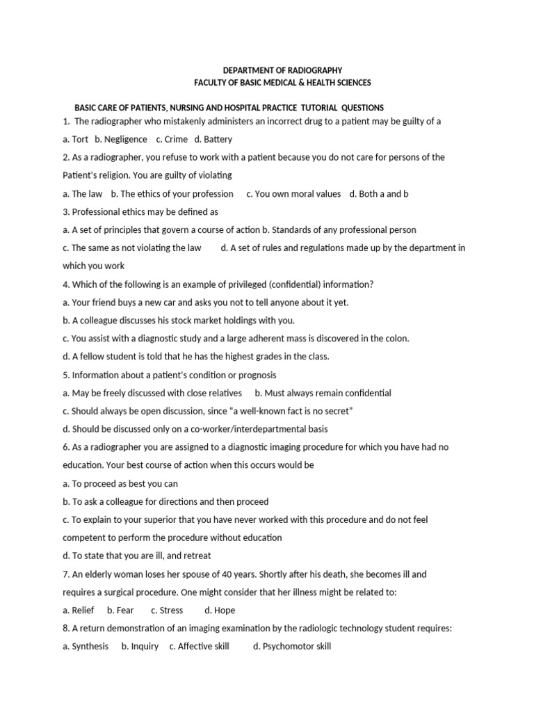 Radiography Patient Care Tutorial Questions | PDF | Medical Imaging ...