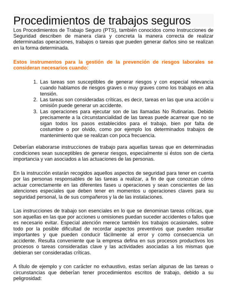 Procedimientos de Trabajo Seguro (PTS) | PDF
