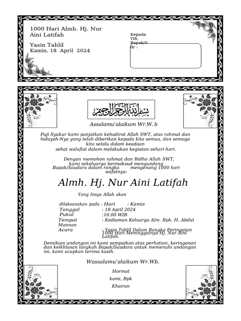 Undangan Yasin Tahlil 1000 Hari Almh. Nur Aini | PDF