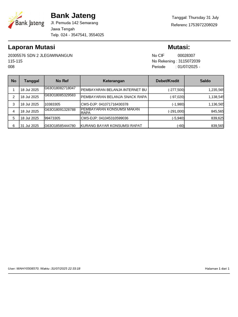 Laporan Mutasi Rekening Bank Jateng | PDF