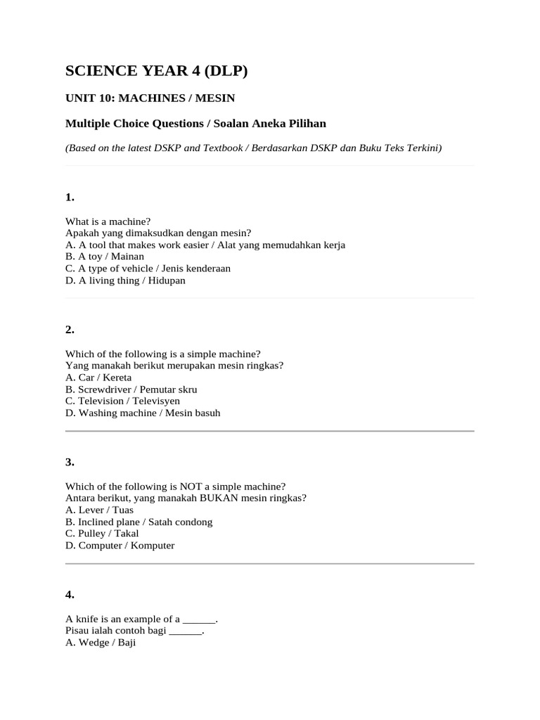 Year 4 Science: Machines Quiz | PDF | Machines | Mechanical Engineering