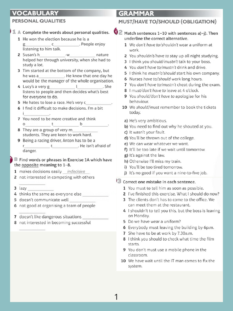 Speak Out Intermediate Unit 4.2 Modal Verbs and Personal Qualities | PDF