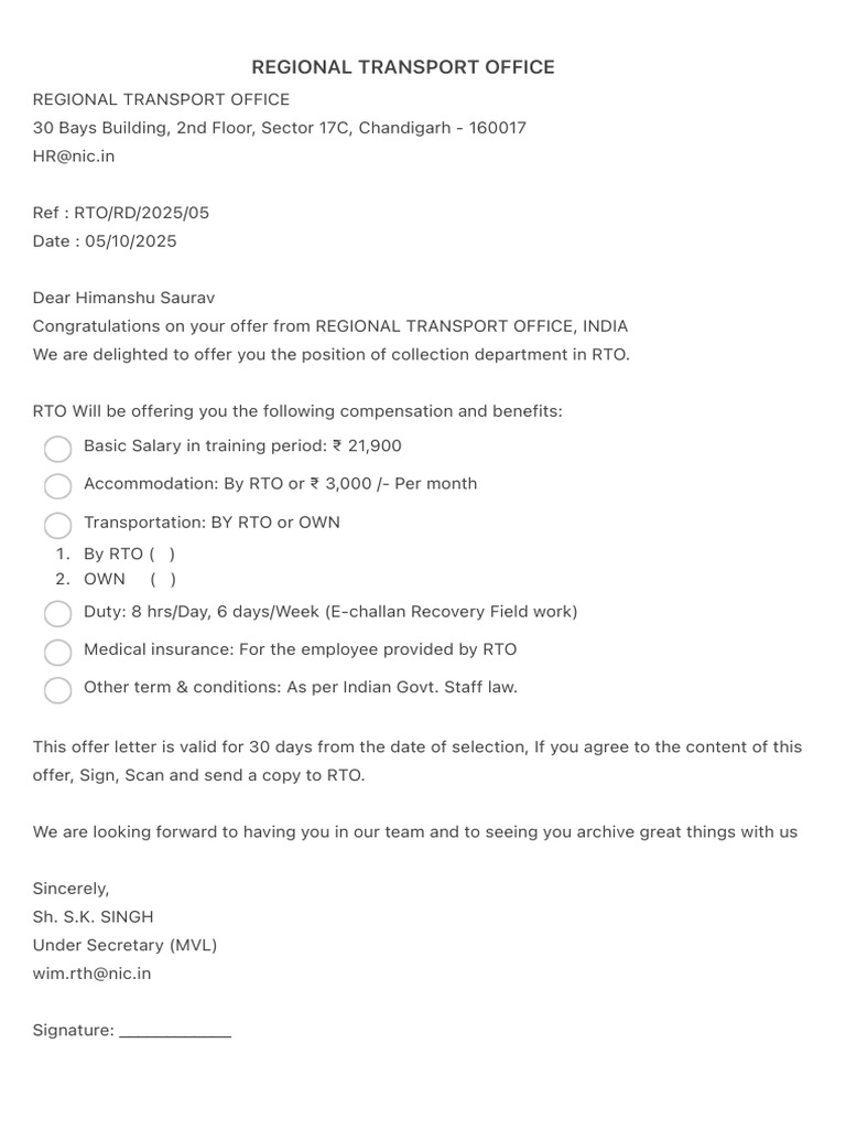 RTO Job Offer Letter for Collection Dept. | PDF