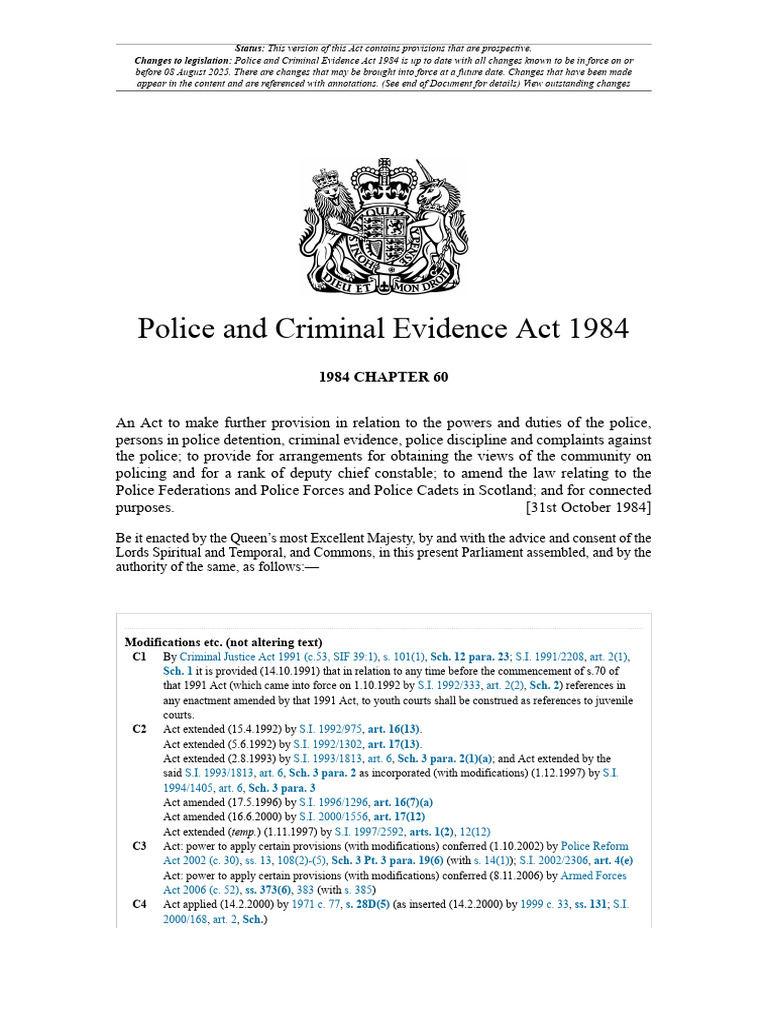 Police and Criminal Evidence Act 1984 | PDF | Crime & Violence | Justice