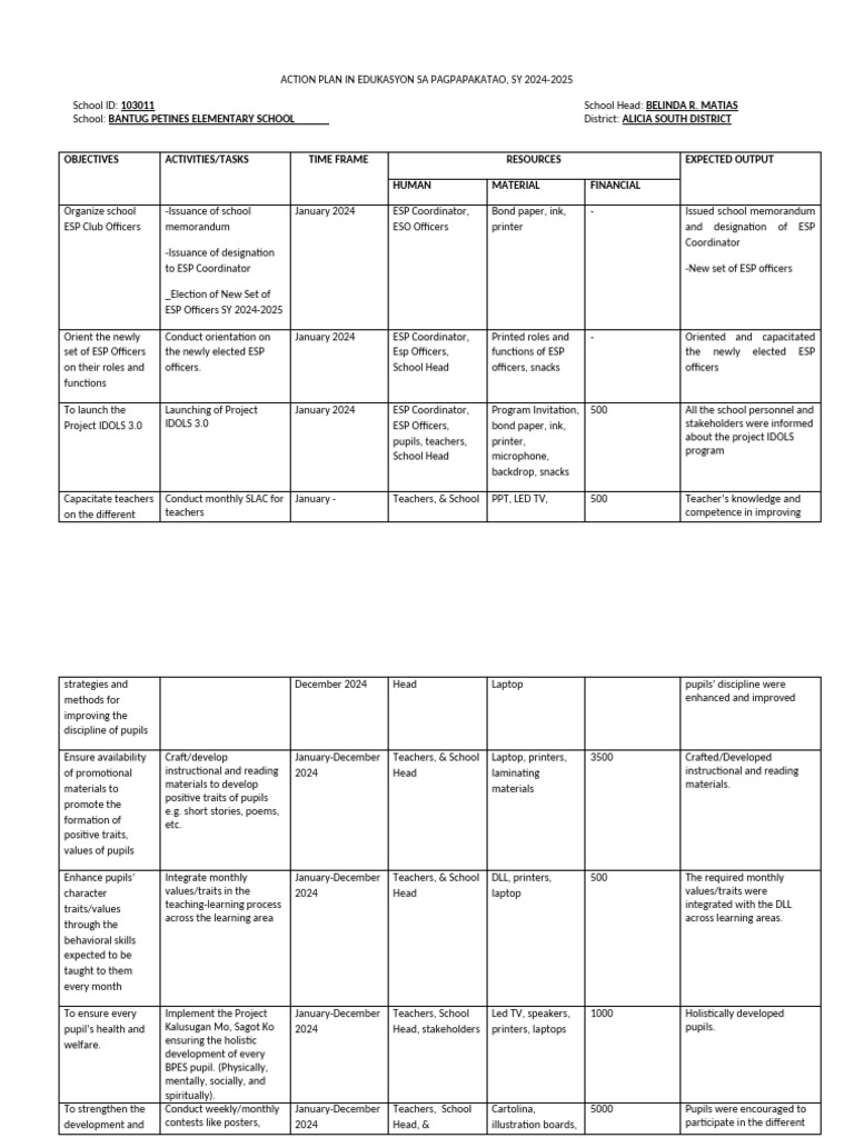 Action Plan in Esp Mam Belinda | PDF | Cognition | Behavior Modification