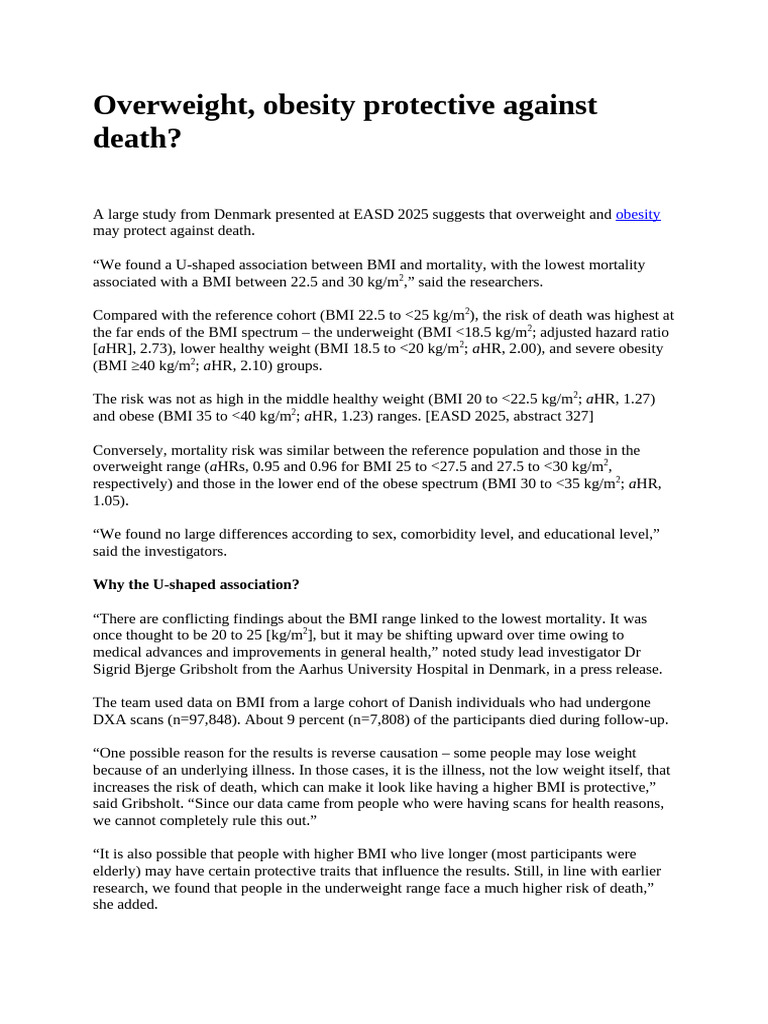 Obesity Protective Against Death | PDF | Body Mass Index | Overweight