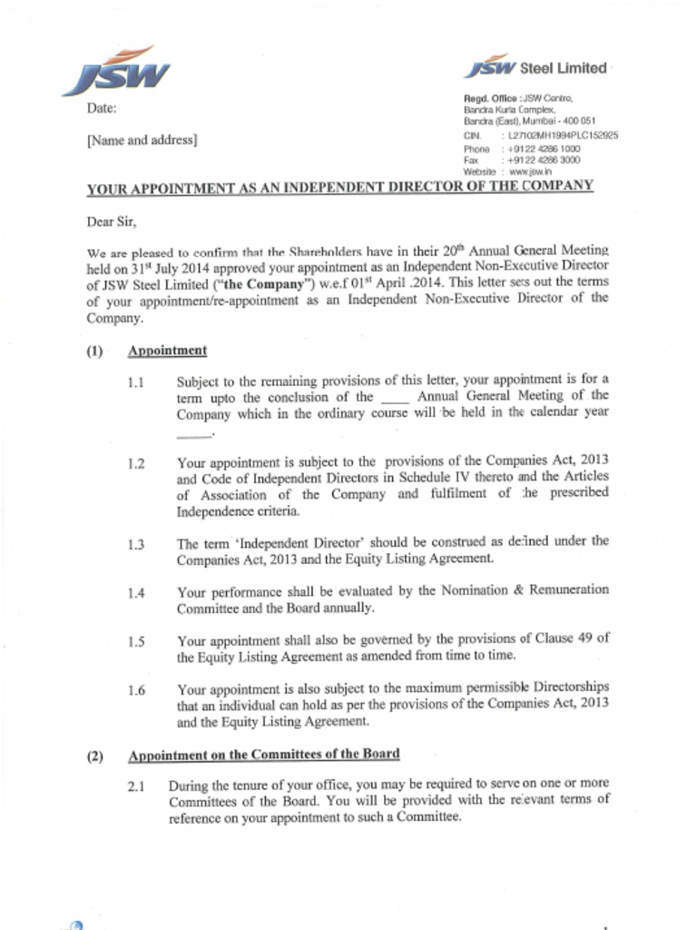 Terms & Conditions For Appointment of Independent Directors | PDF