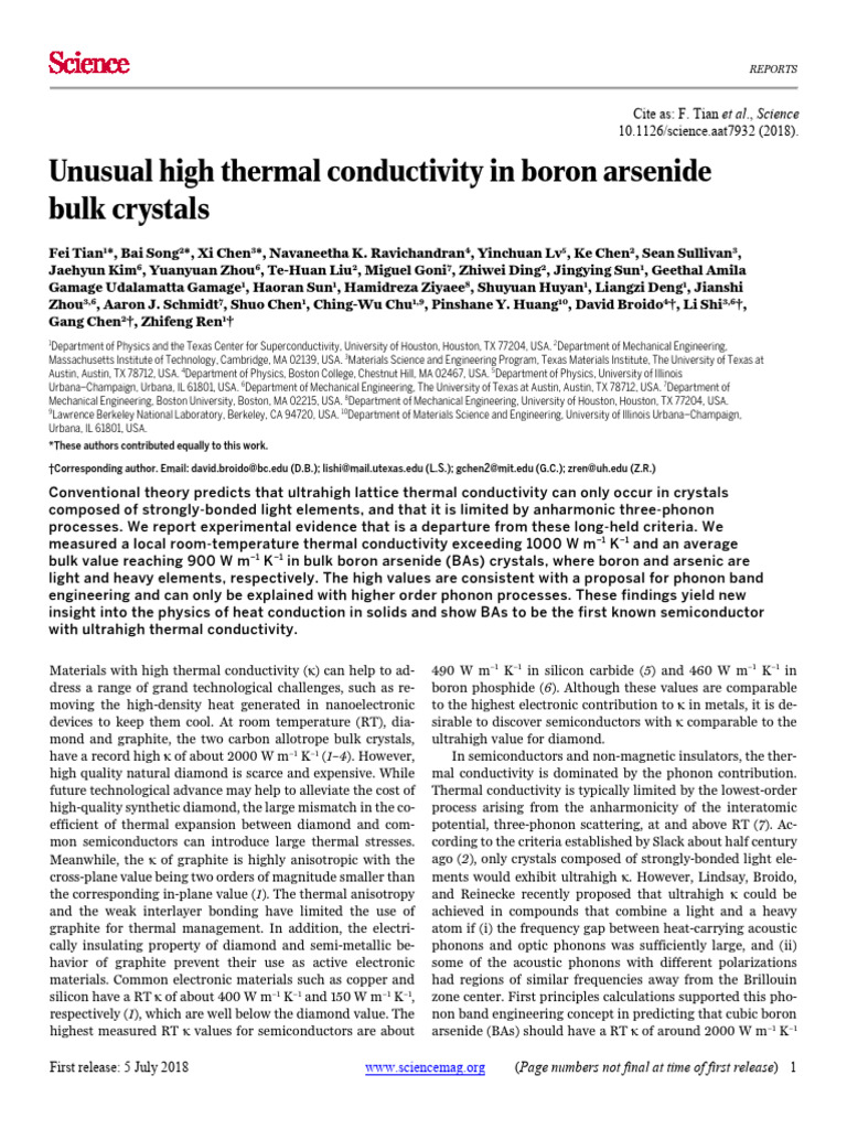 Ultrahigh Thermal Conductivity in BAs | PDF | Semiconductors | Diamond