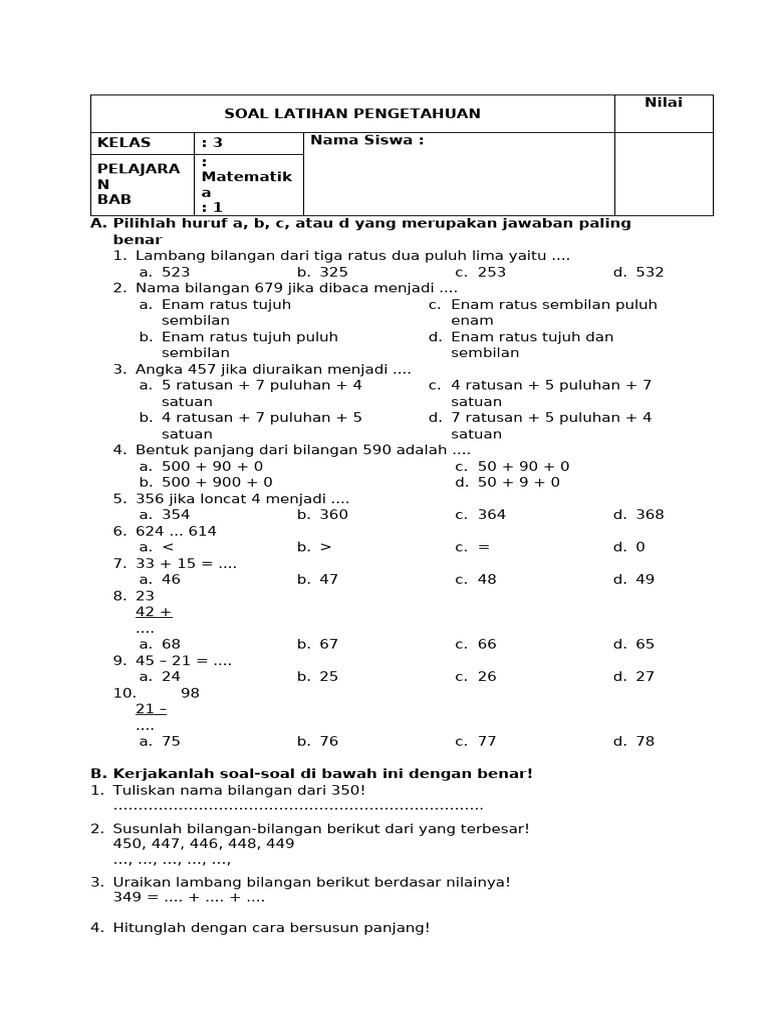 Ulangan Harian Matematika Kelas 3 Bab 1 | PDF