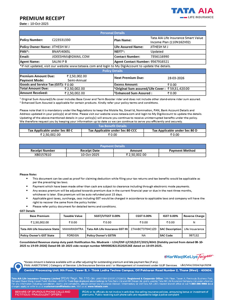 Premium Receipt: Personal Details | PDF | Life Insurance | Insurance