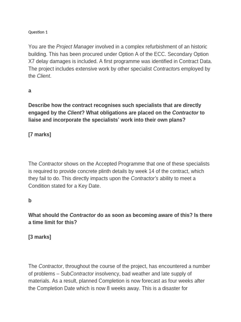 NEC4 Project Manager Exam Scenarios | PDF | General Contractor | Business