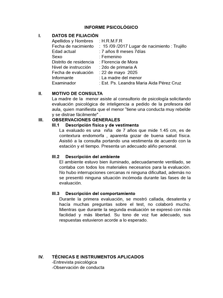 Informe Psicológico de Evaluación Infantil | PDF | Cociente de ...