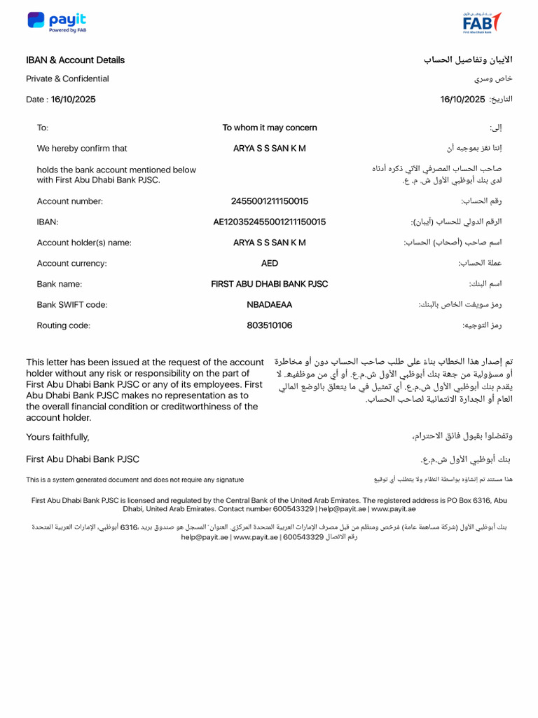 FAB Bank IBAN and Routing Details | PDF | Banking | Financial Services