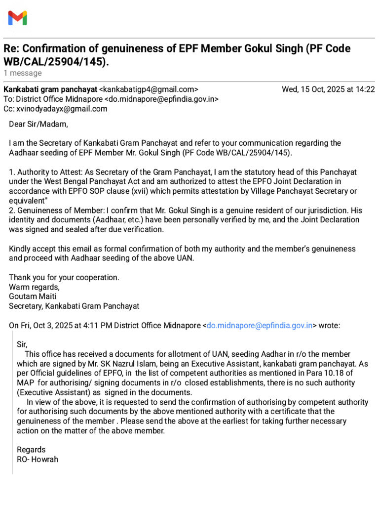 Gmail - Re - Confirmation of Genuineness of EPF Member Gokul Singh (PF ...