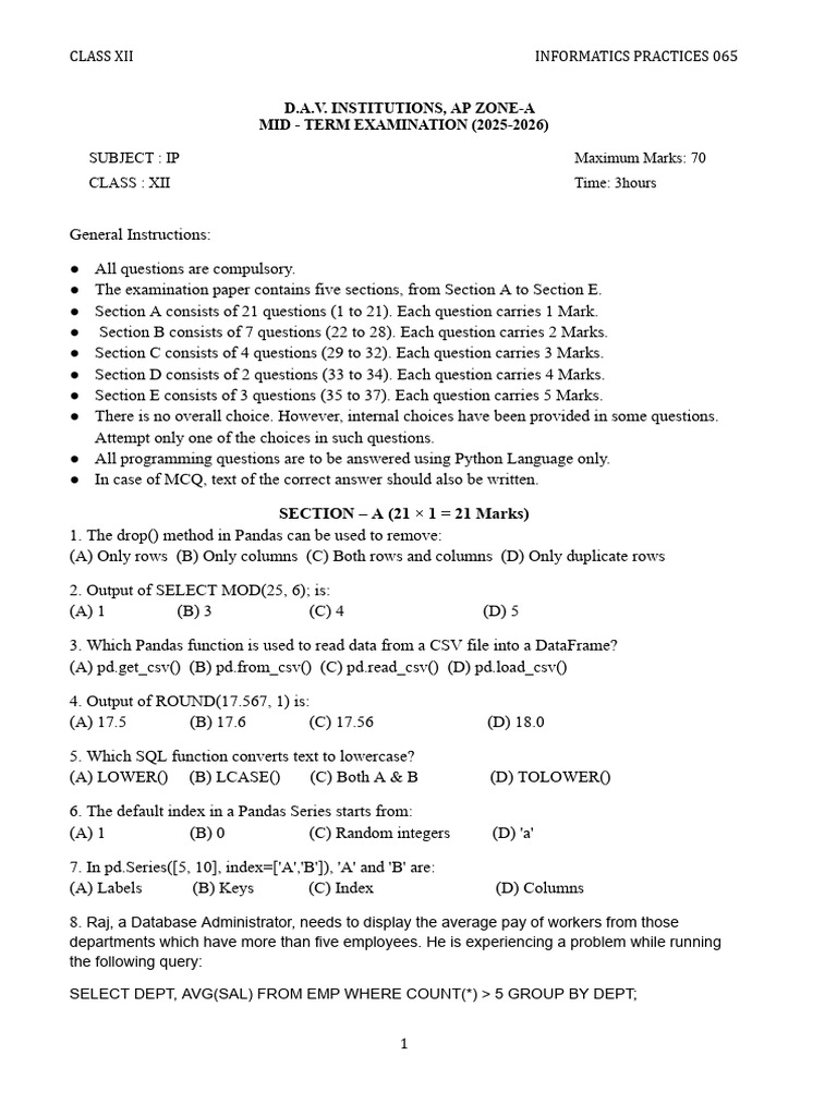 Class XII Informatics Practices Exam 2025-26 | PDF | Table (Database) | Sql