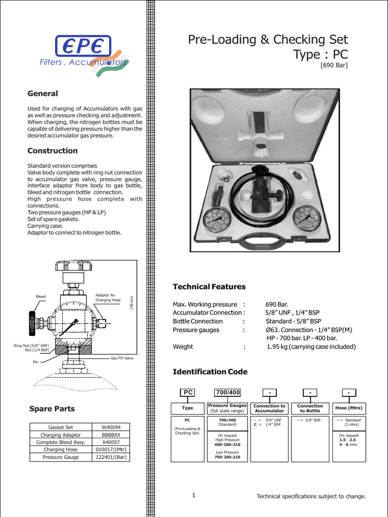 Pre-Loading & Checking Set for Accumulators | PDF | Valve | Hydraulics