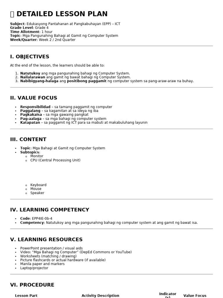 Computer Parts Lesson Plan for Grade 4 | PDF | Educational Technology ...