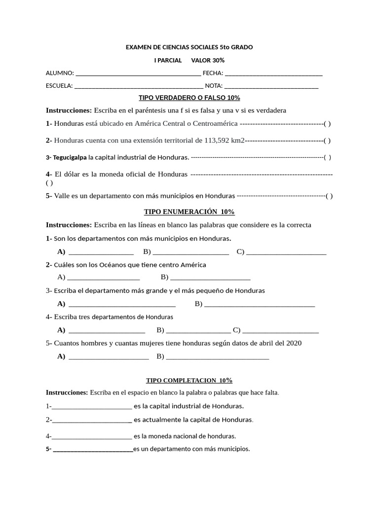 Examen de Ciencias Sociales 5to Grado | PDF
