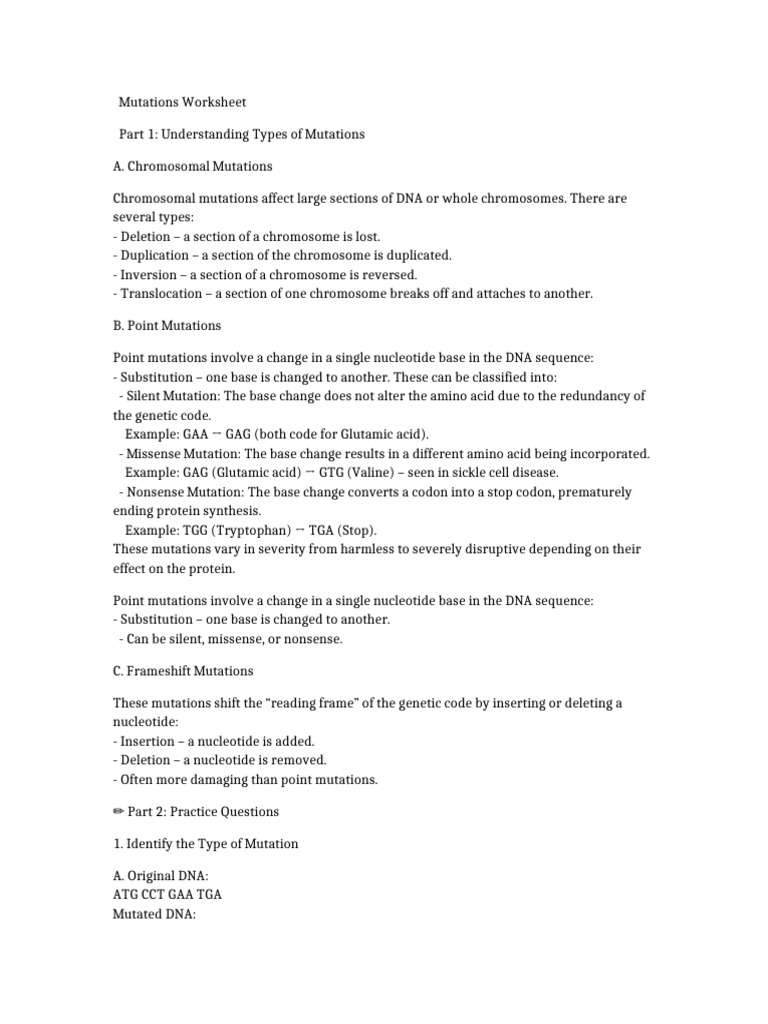 Mutations Worksheet Updated | PDF | Point Mutation | Genetic Code