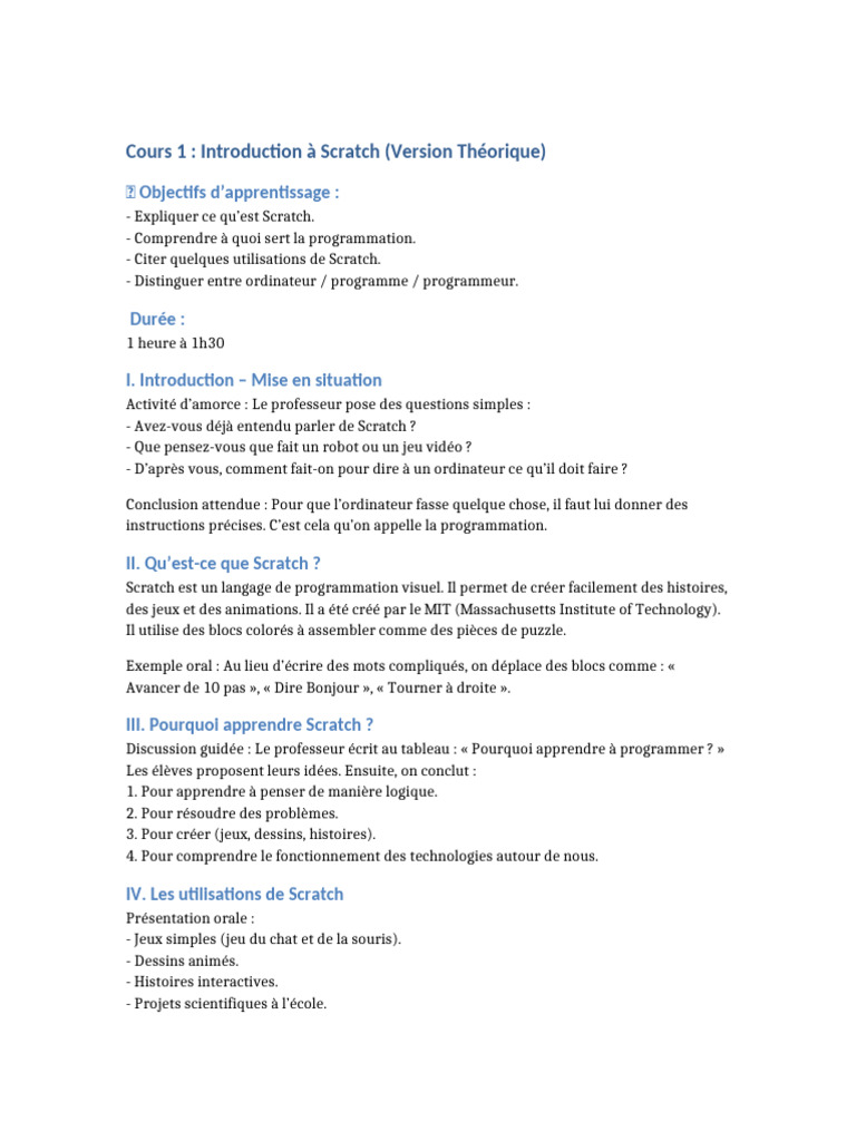 Introduction à Scratch : Cours Théorique | PDF | Scratch (Langage de ...