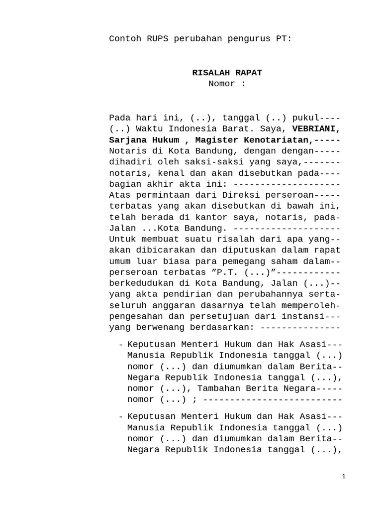 Risalah RUPS Perubahan Pengurus PT | PDF