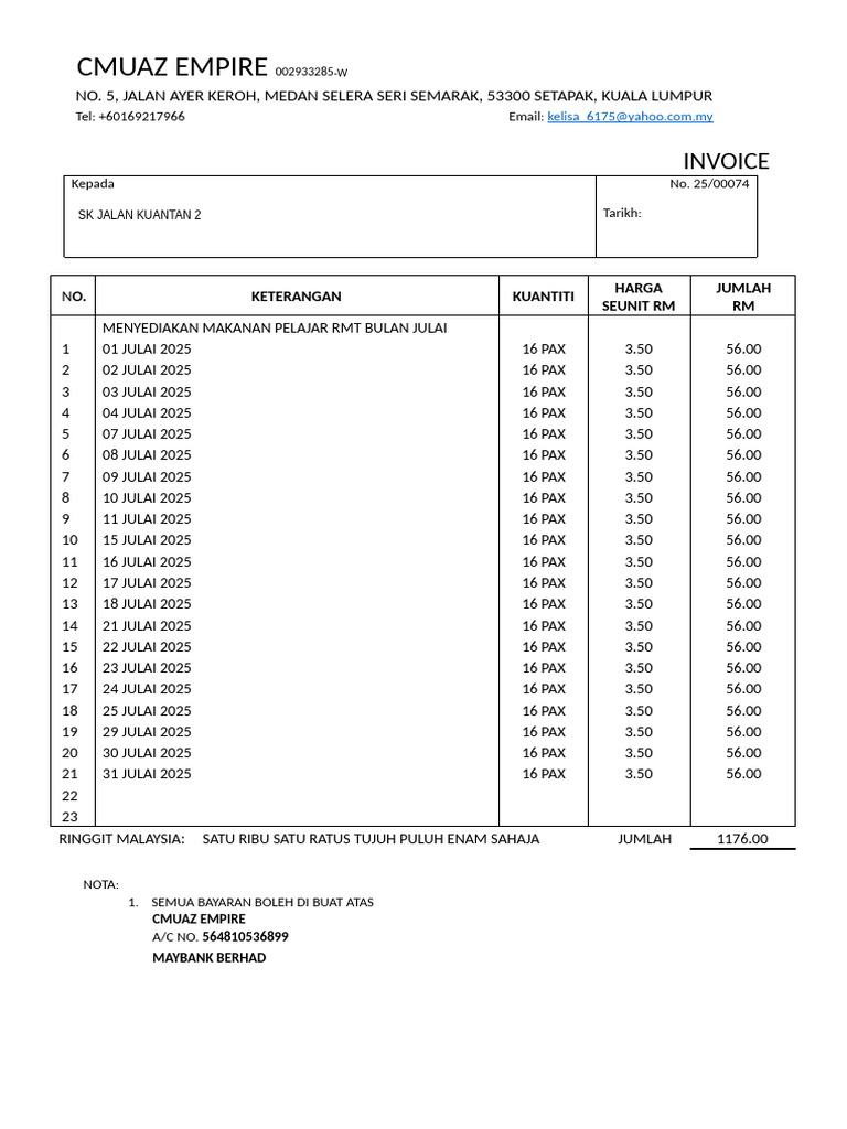 Invoice Cmuaz 74 RMT Julai | PDF