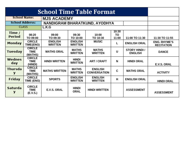 School Time Table Format LKG | PDF
