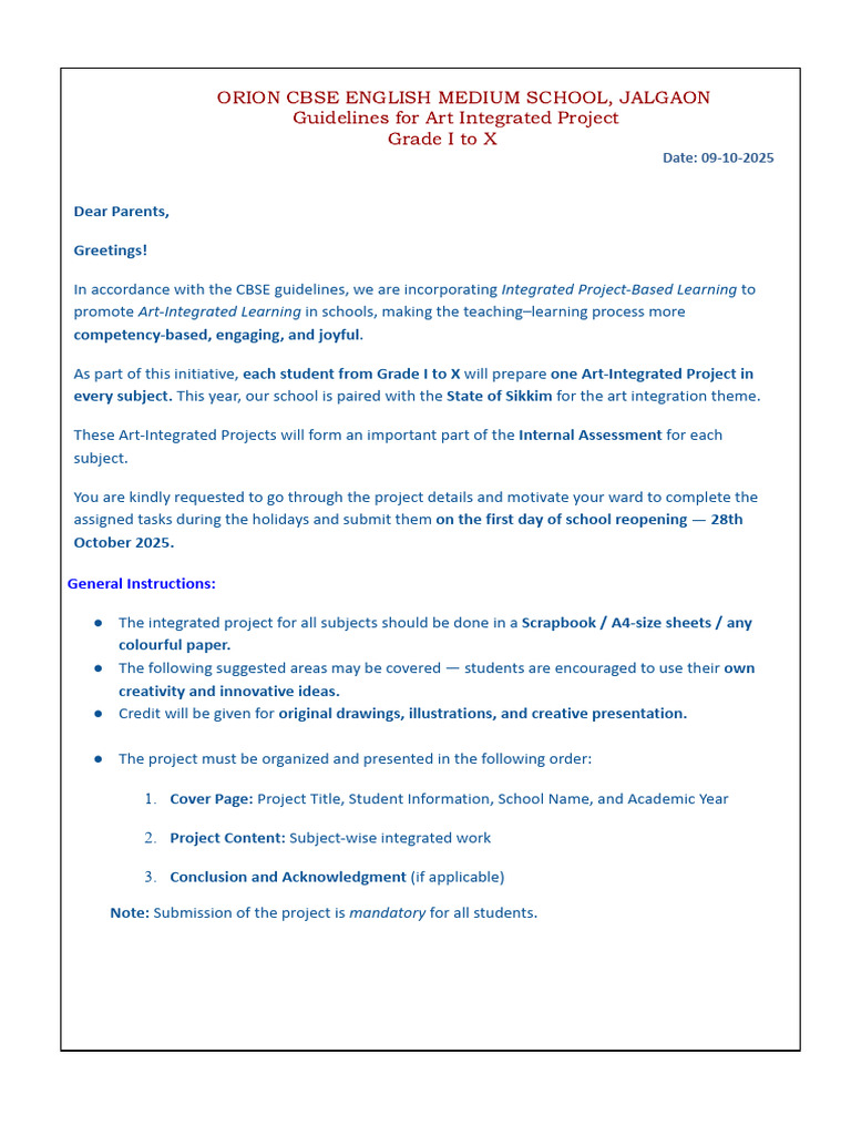 Students Guidelines For Art Integrated Project | PDF