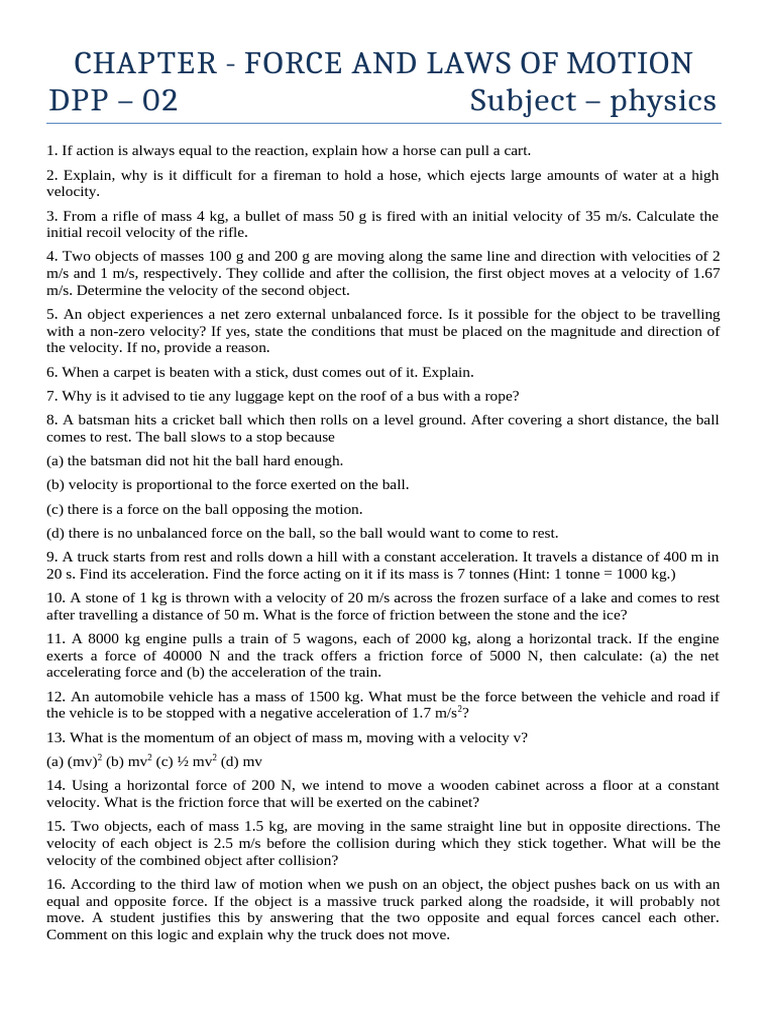Force and Motion: Physics Problems Explained | PDF | Force | Momentum