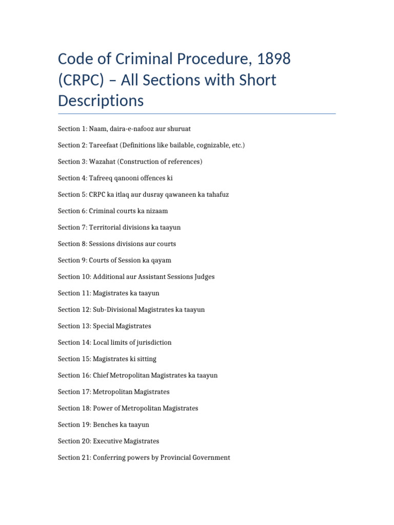 CRPC 1898: Complete Sections Overview | PDF | Magistrate | Justice Of ...