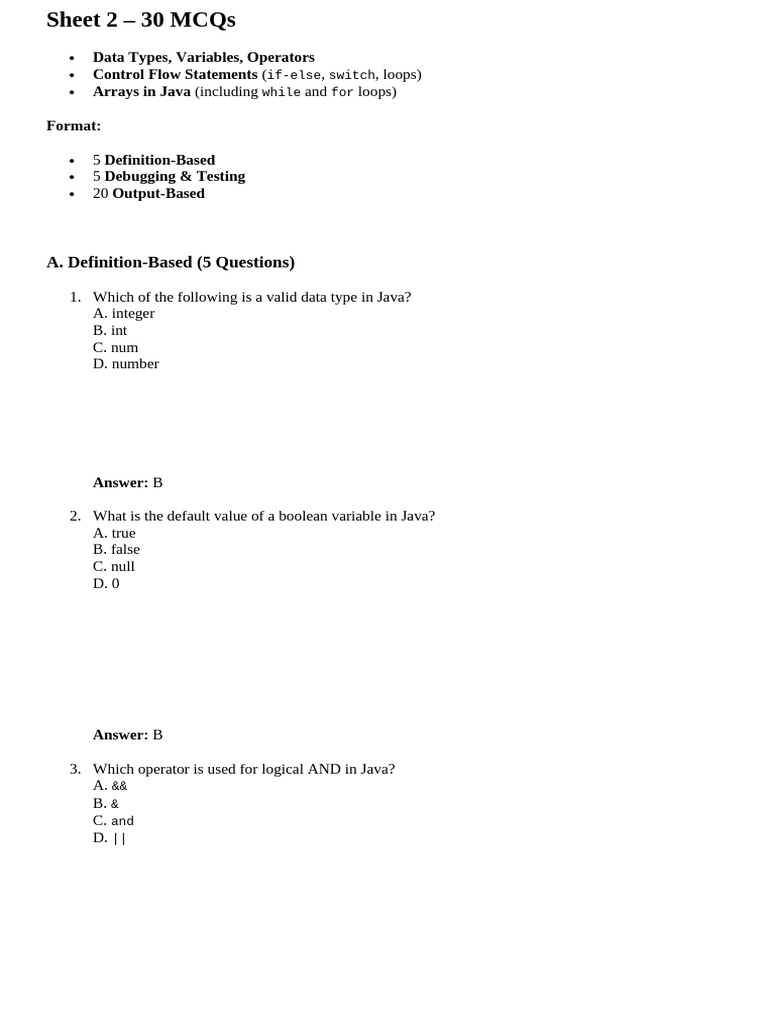 Java MCQs on Data Types & Control Flow | PDF | Control Flow | Boolean ...