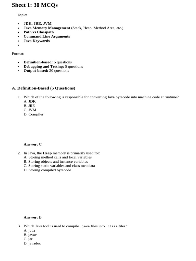 Java MCQs on JDK, JRE, JVM Concepts | PDF | Java (Programming Language ...