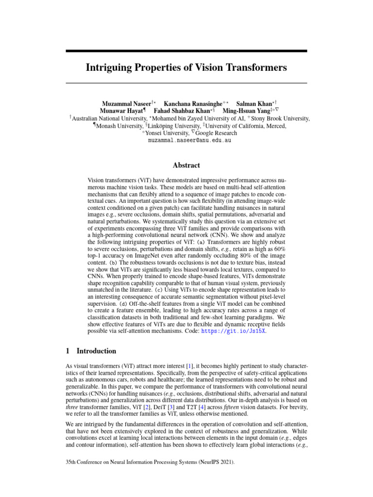 Intriguing Properties of Vision Transformers | PDF | Cognitive Science ...