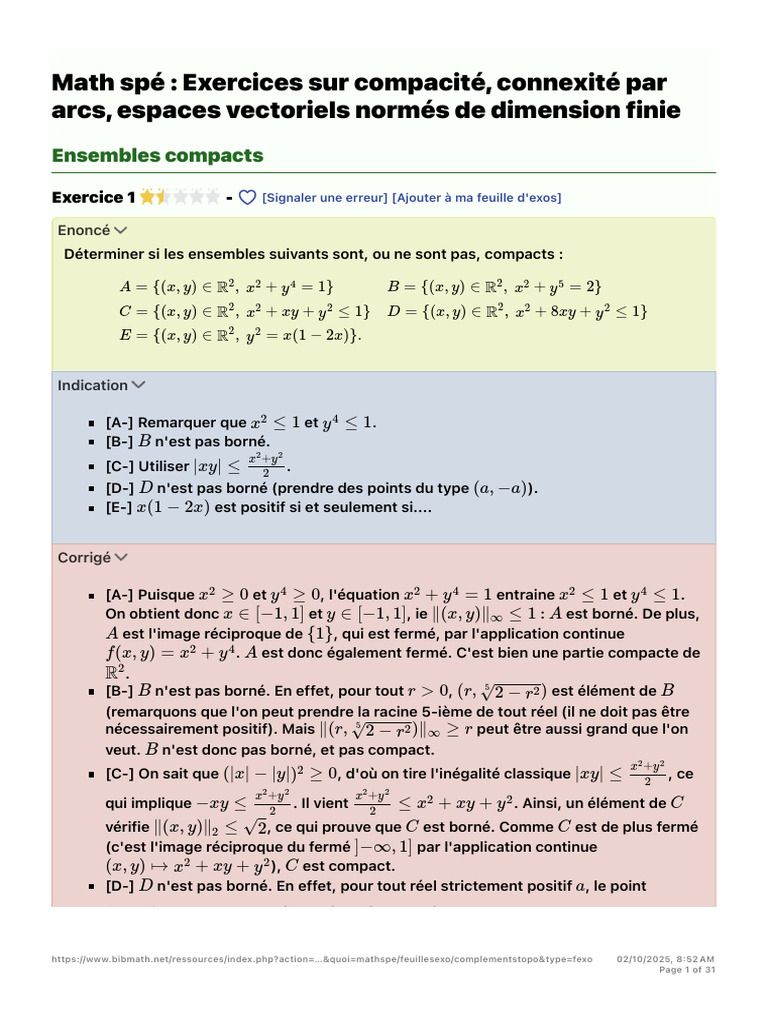 Exercices sur compacité et connexité | PDF | Compacité (mathématiques ...