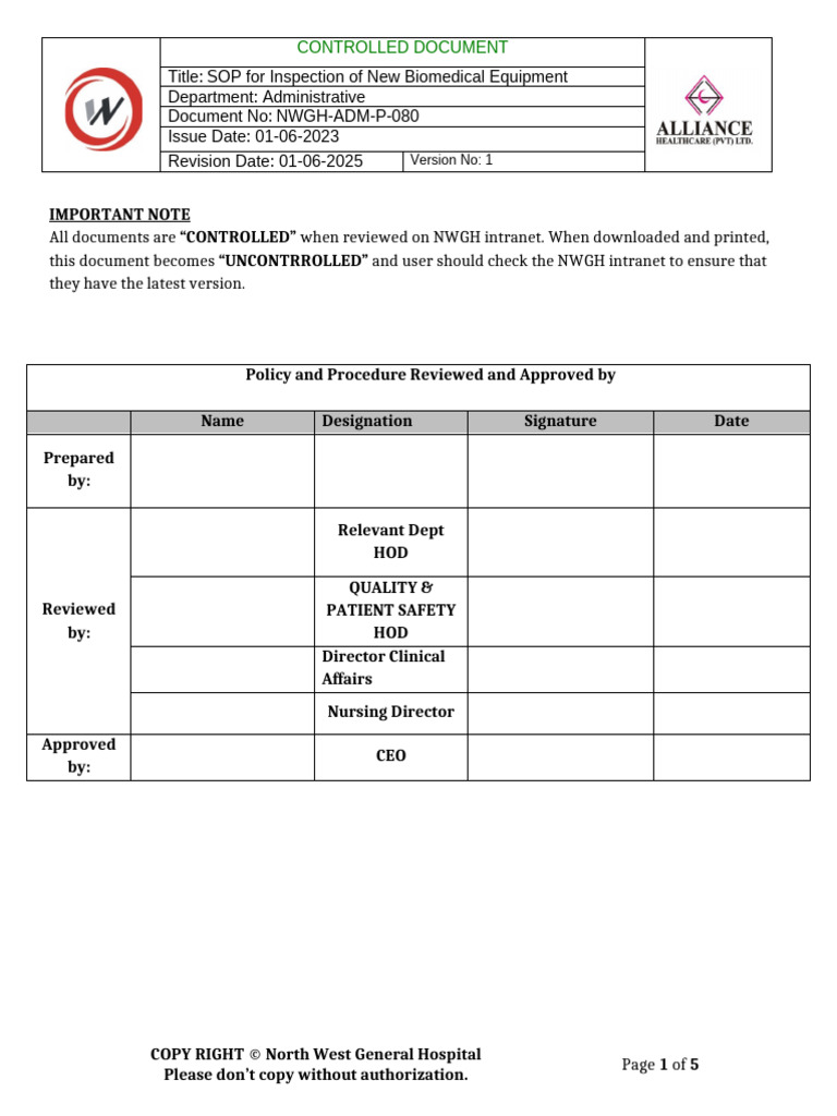 P-080-ADM New Equipment Inspection SOP | PDF | Biomedical Engineering ...