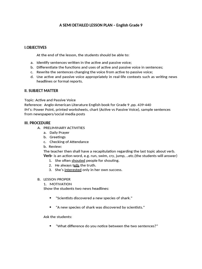 Lesson Plan - English Grade 9 | PDF | Grammatical Tense | Verb