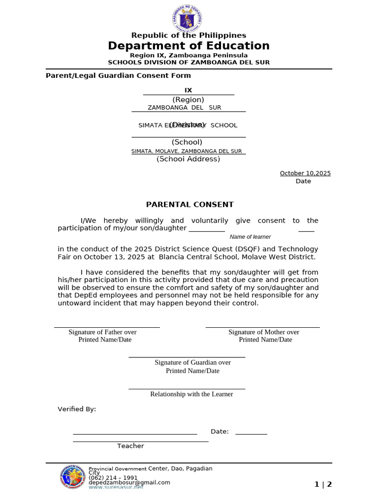 Parent Consent for DSQF Participation | PDF | Kinship And Descent ...
