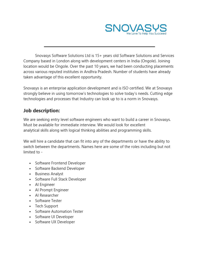 Software Engineer Job Description at Snovasys | PDF | Software Testing ...