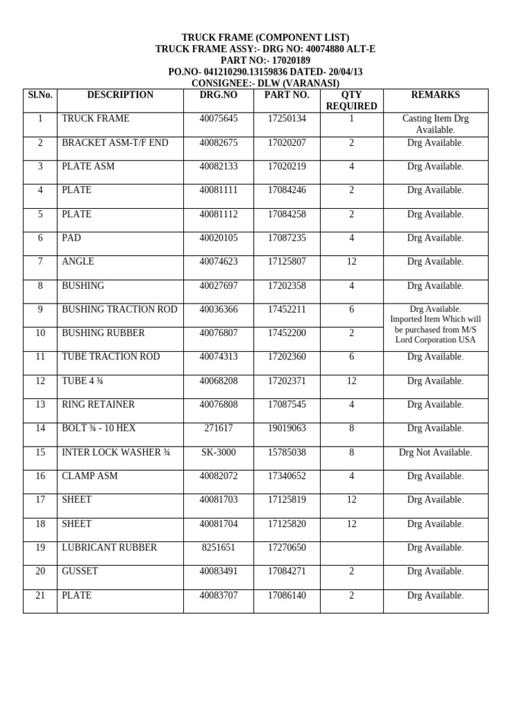 Truck Frame Parts List and Diagrams | PDF