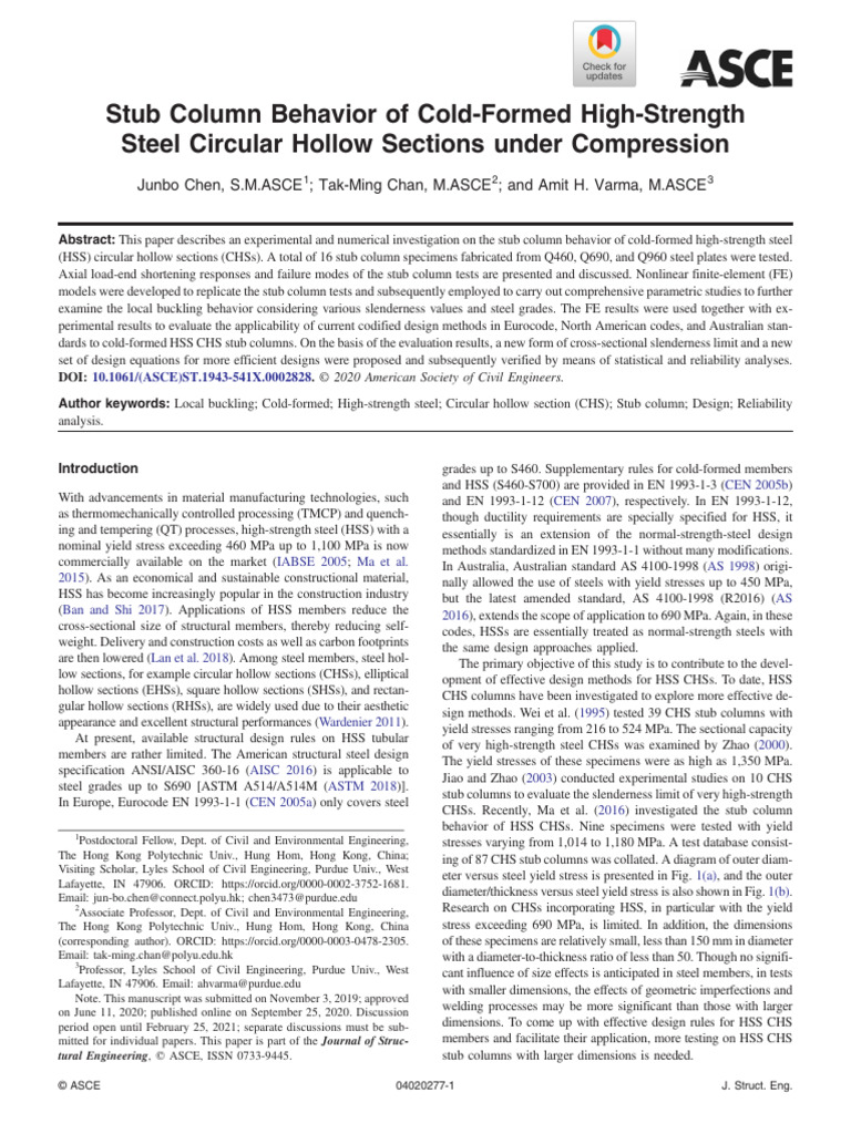Chen Et Al 2020 Stub Column Behavior of Cold Formed High Strength Steel ...